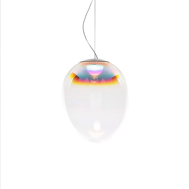 A Clérachic clear glass pendant on white, with a thin cord and a band of red, pink and blue colour near the top of the shade.