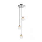 Render of a Clérachic cluster of three glass pendants hanging at different heights from a round chrome ceiling plate on white.