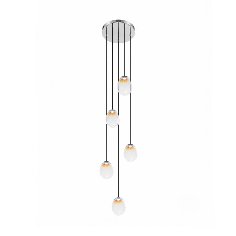 Render of a Clérachic cluster of five glass teardrop pendants on thin cords of different lengths below a round chrome canopy.