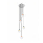 Render of a Clérachic cluster of five glass teardrop pendants on thin cords of different lengths below a round chrome canopy.