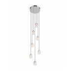 Render of a taller Clérachic cluster of glass pendants dropping at staggered lengths from a round chrome canopy on a white backdrop.