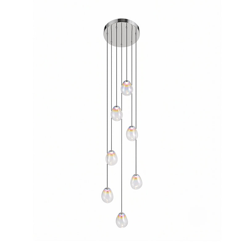 Render of a taller Clérachic cluster of glass pendants dropping at staggered lengths from a round chrome canopy on a white backdrop.