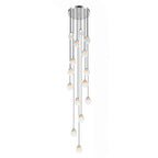 Render of the largest Clérachic cluster, with many glass pendants packed on thin cords below a single round chrome canopy.