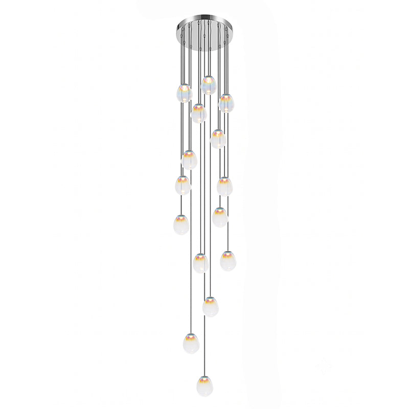 Render of the largest Clérachic cluster, with many glass pendants packed on thin cords below a single round chrome canopy.