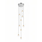 Render of a Clérachic cluster of glass pendants stepping down in a loose column from a round chrome ceiling plate on white.