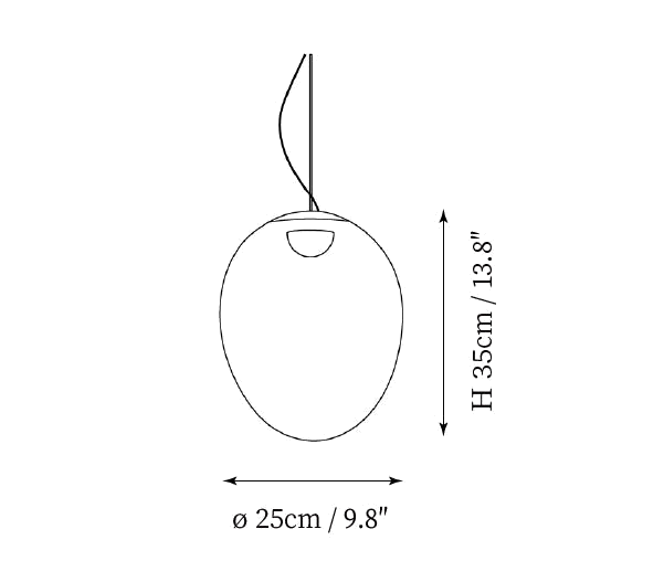 Clérachic pendant light dimension drawing, 2 of 8, every measurement marked in centimetres and inches.