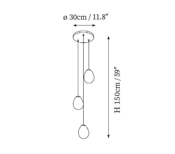 Clérachic pendant light dimension drawing, 3 of 8, every measurement marked in centimetres and inches.