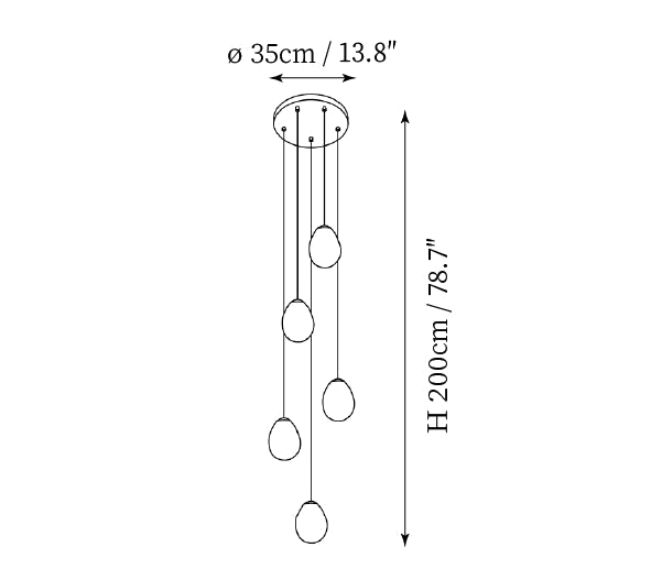 Clérachic pendant light dimension drawing, 4 of 8, every measurement marked in centimetres and inches.