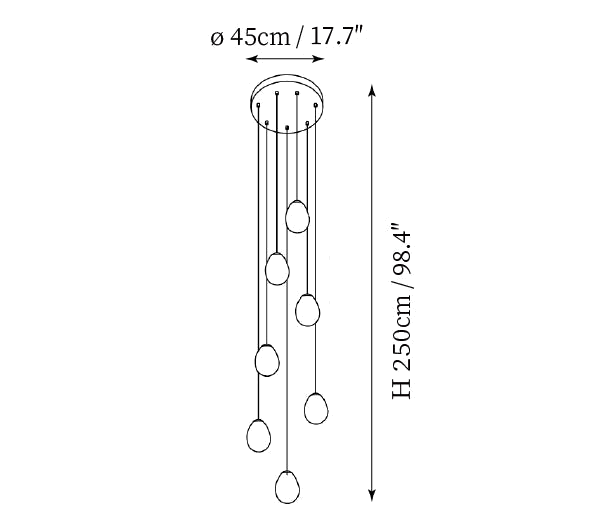 Clérachic pendant light dimension drawing, 5 of 8, every measurement marked in centimetres and inches.