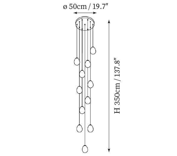Clérachic pendant light dimension drawing, 7 of 8, every measurement marked in centimetres and inches.