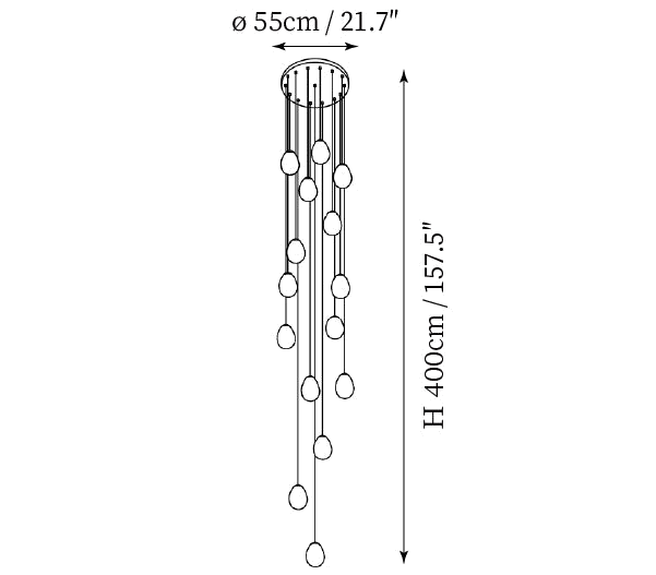 Clérachic pendant light dimension drawing, 8 of 8, every measurement marked in centimetres and inches.