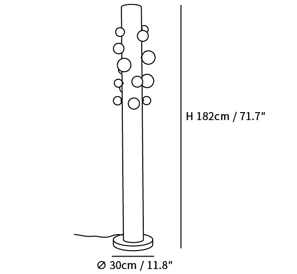 Dimension drawing of the green apes floor lamp, in outline against white.