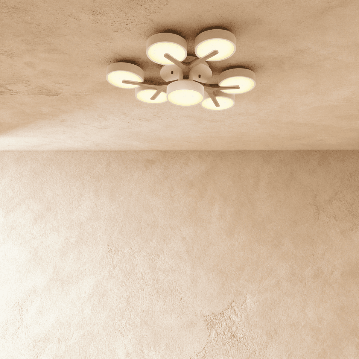 Clérachic's ceiling light in white, a seven-head cluster with light wood branches radiating from the centre.