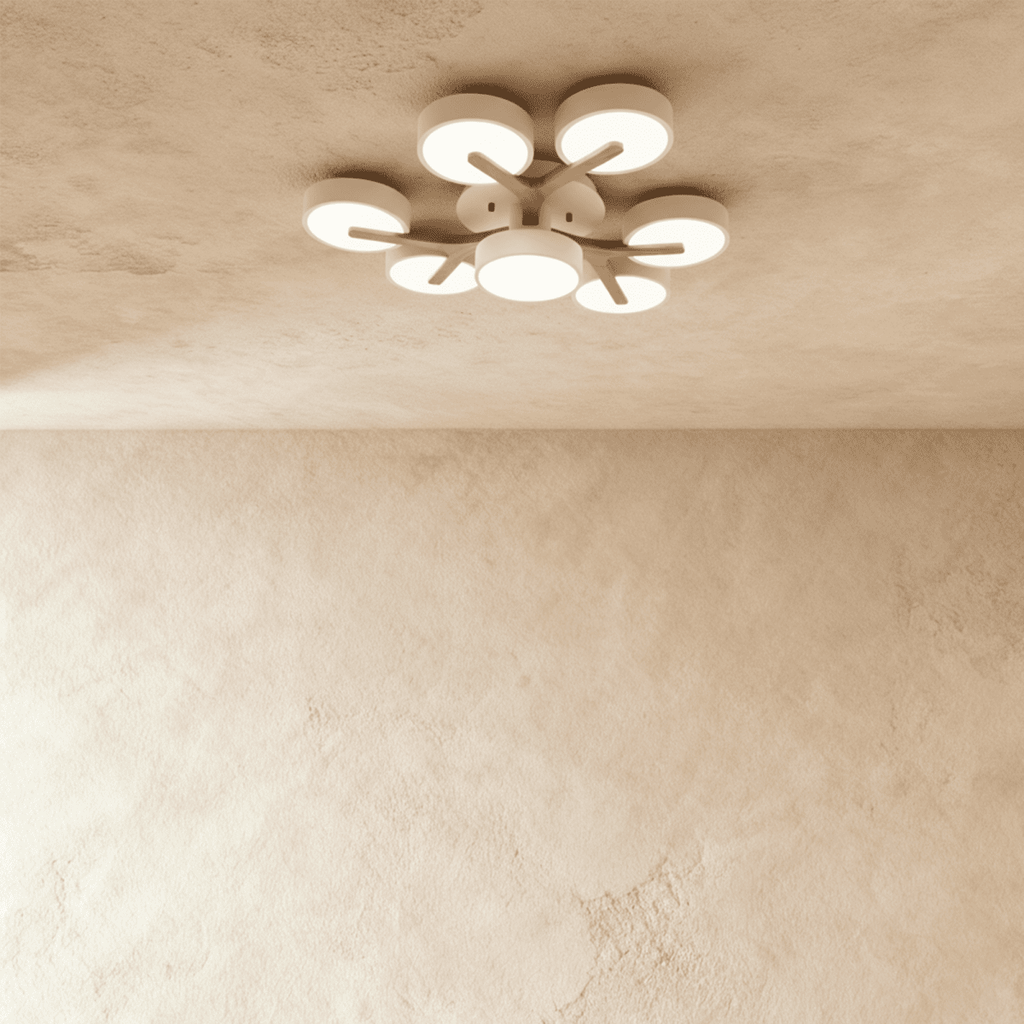 A closer look at the Clérachic ceiling light in white, showing the seven-head branching cluster overhead.