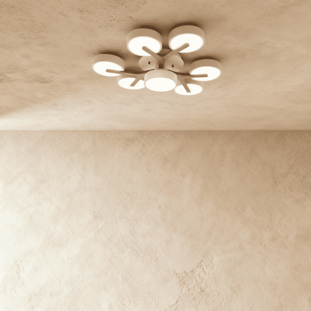 A closer look at the Clérachic ceiling light in white, showing the seven-head branching cluster overhead.