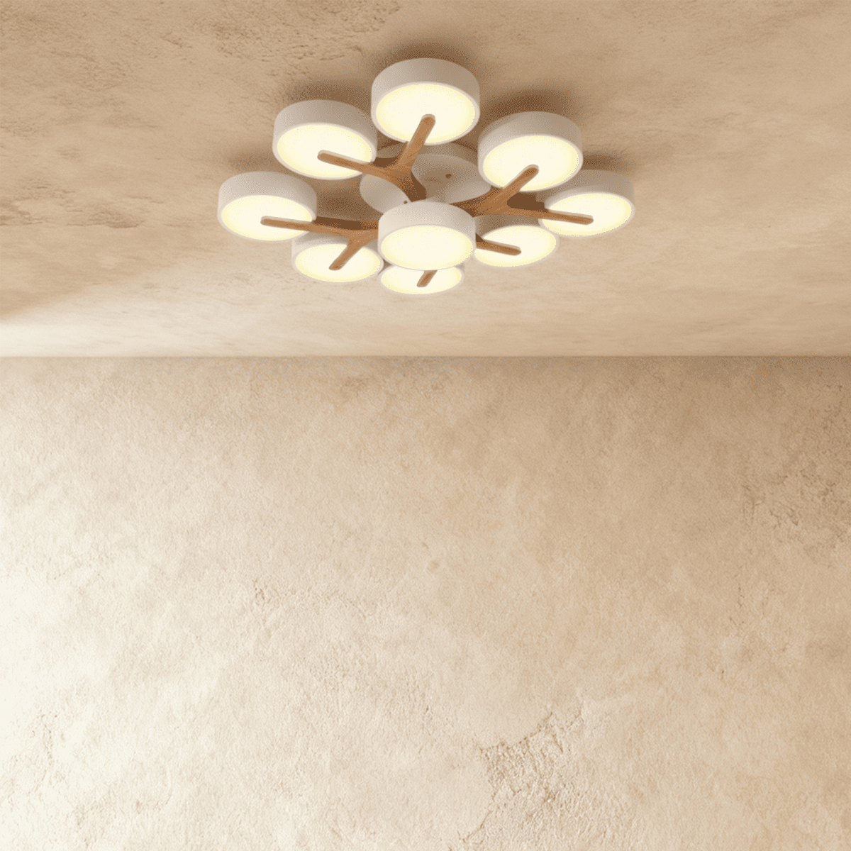 Clérachic's ceiling light in white, nine round diffusers branching from a central wood-topped base overhead.
