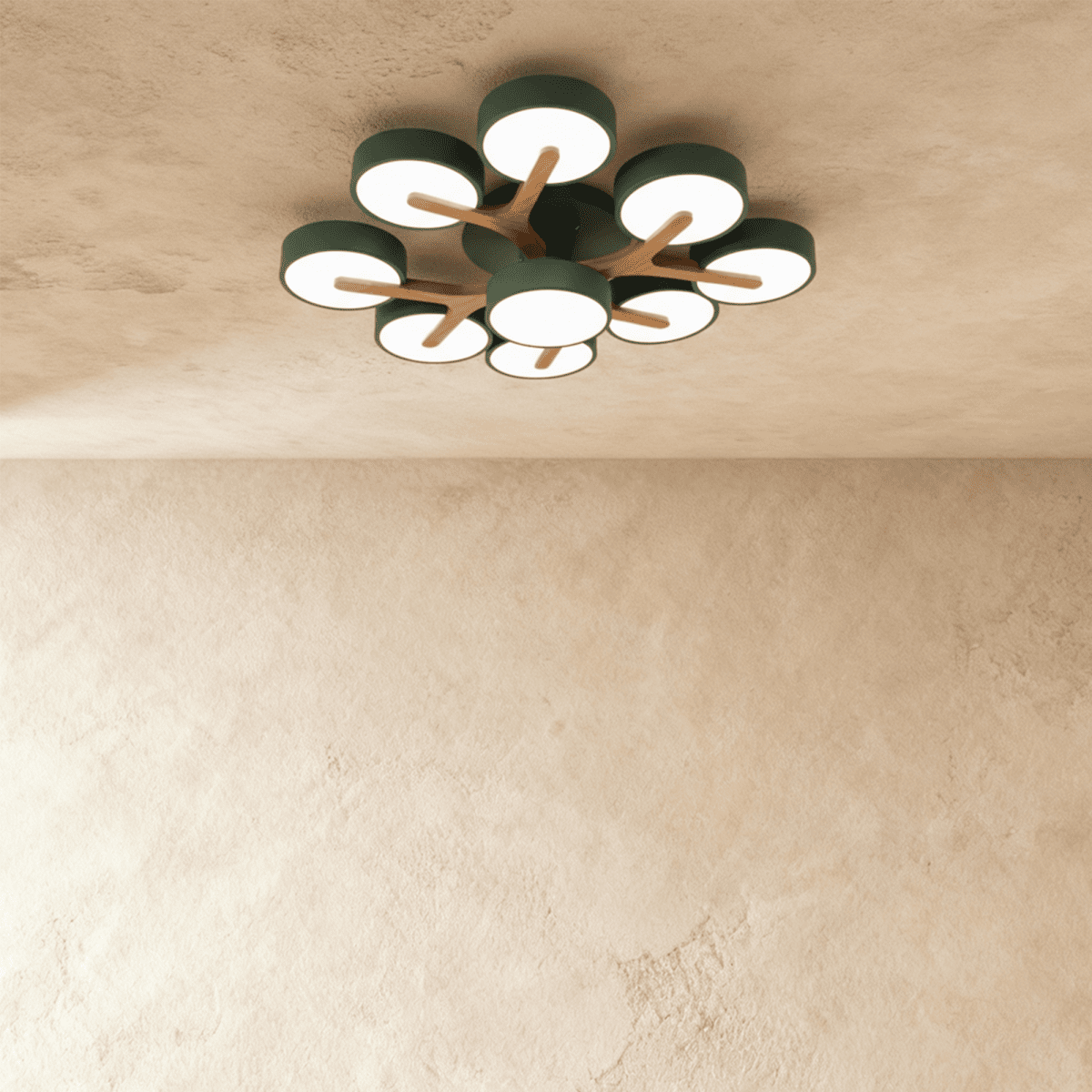 A closer look at the Clérachic ceiling light in green, showing the full nine-head branching cluster lit.