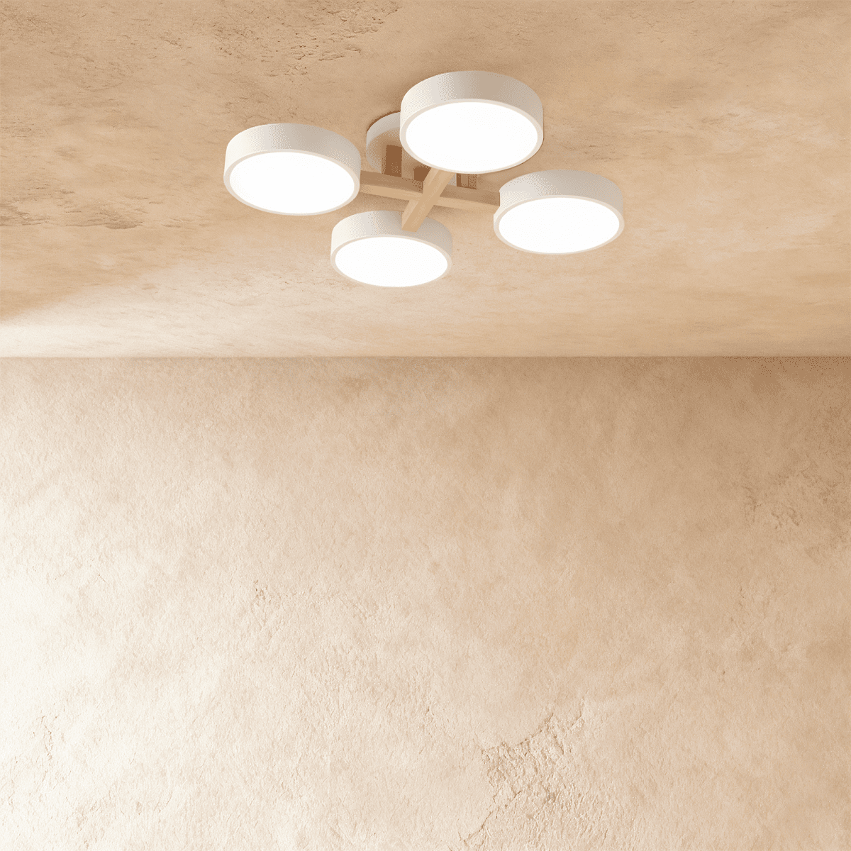 Clérachic's ceiling light in white, four drum shades branching from a light wood cross arm overhead.