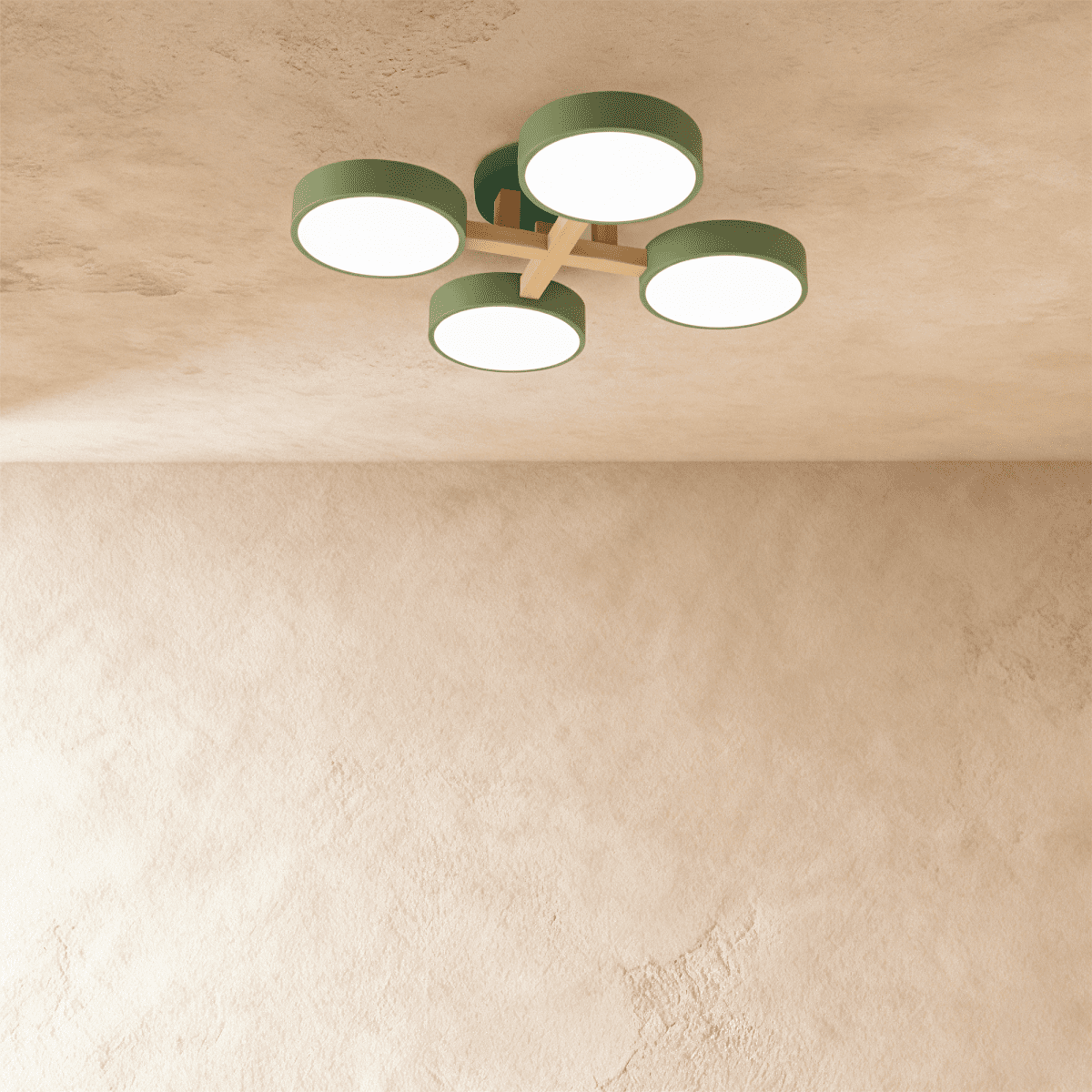 Clérachic's ceiling light in green, four drum shades branching from a light wood cross arm overhead.