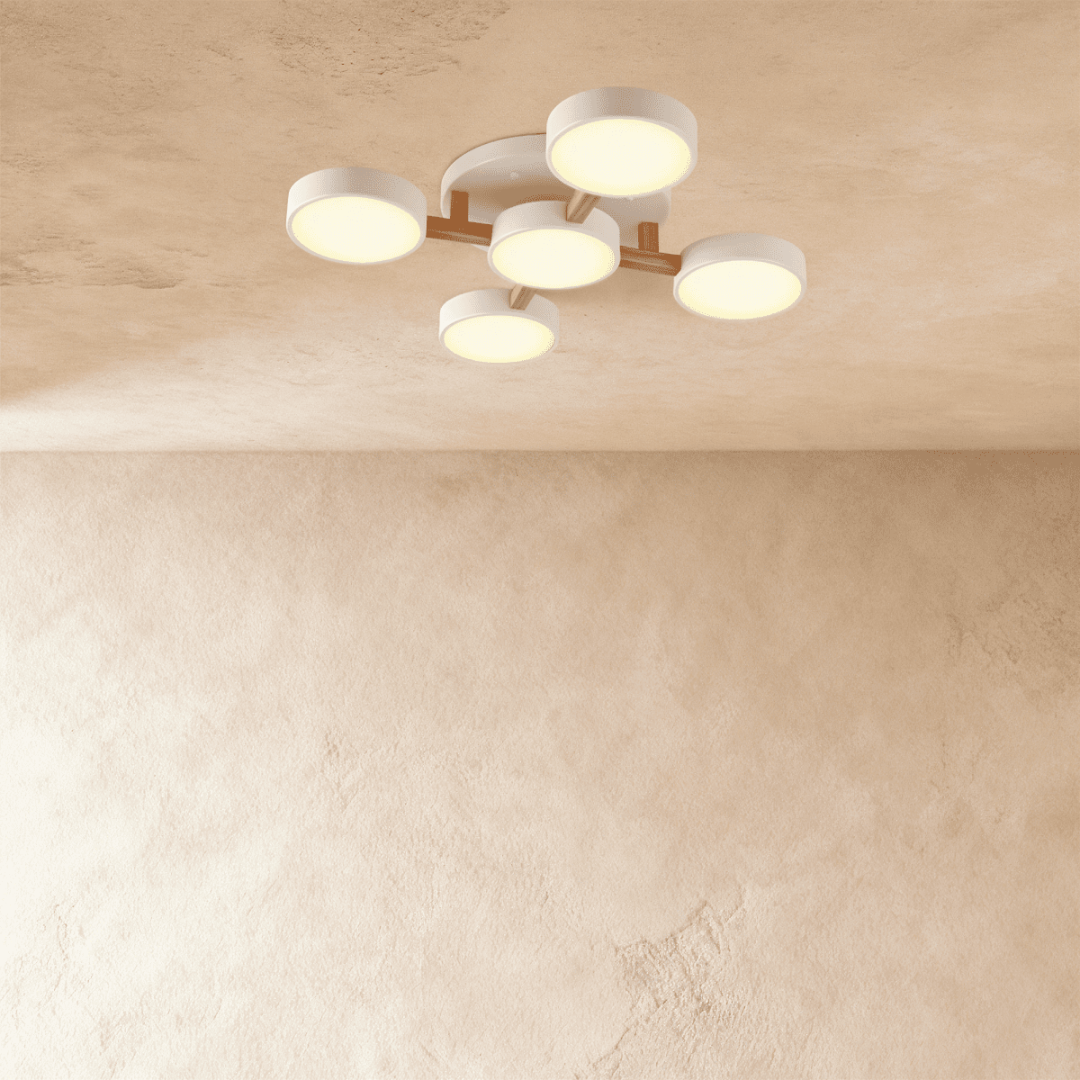 Clérachic's ceiling light in white, five drum shades branching irregularly from a light wood arm overhead.