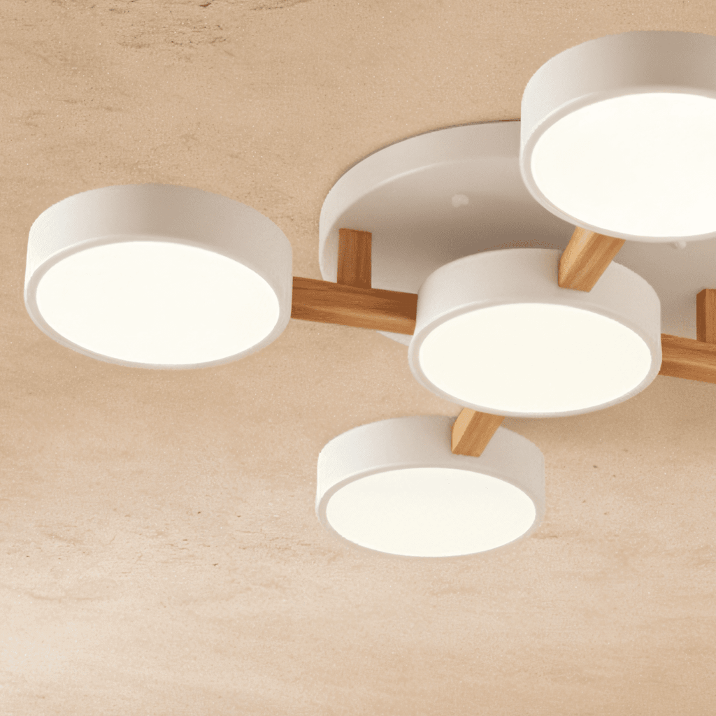 A close detail of the Clérachic ceiling light in white, showing the light wood cross-joint construction.