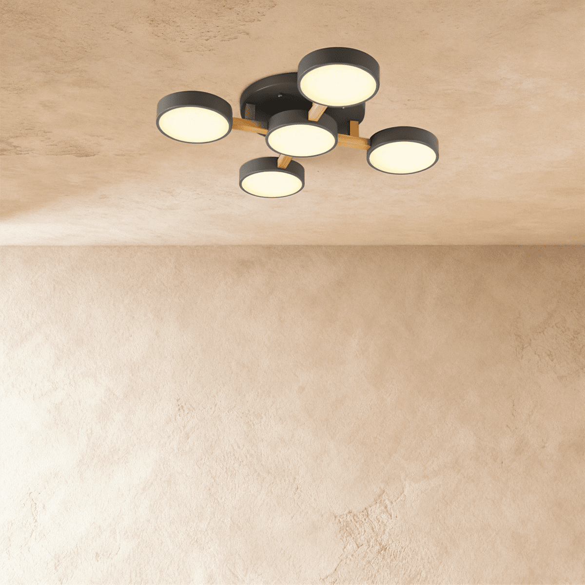 Clérachic's ceiling light in charcoal gray, five drum shades branching from a light wood arm overhead.