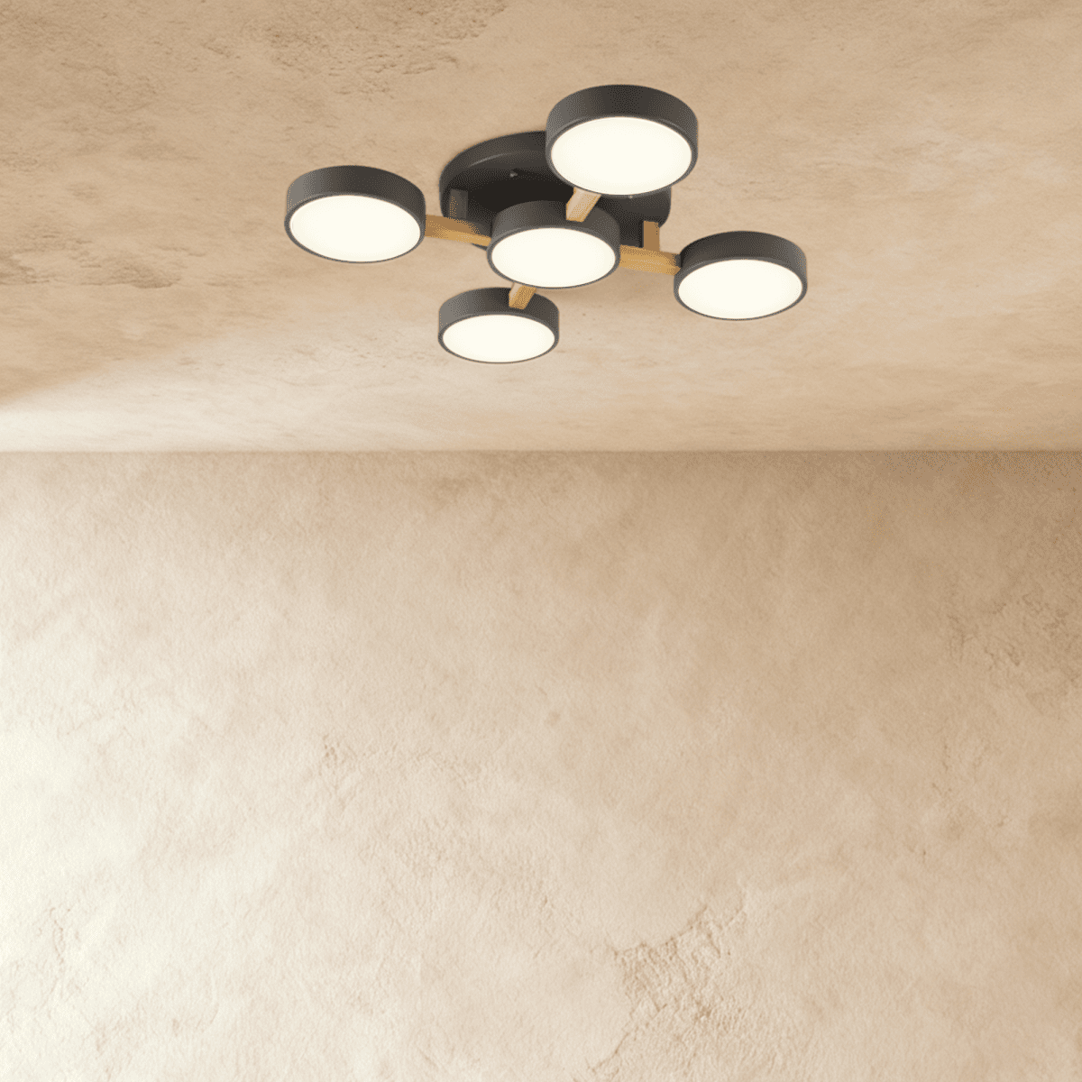 The Clérachic ceiling light in gray, its five-head branching design photographed from below the ceiling.