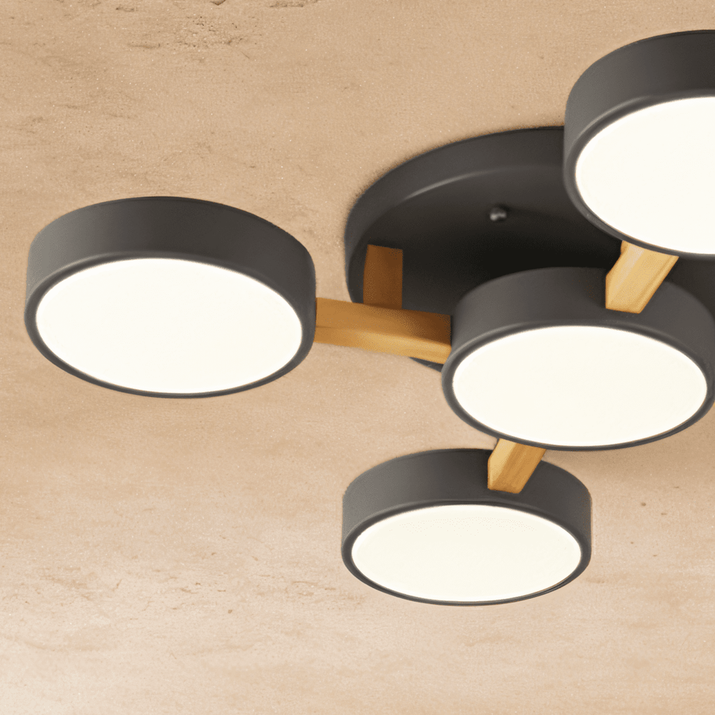 A close detail of the Clérachic ceiling light in gray, showing the light wood cross-joint at its centre.