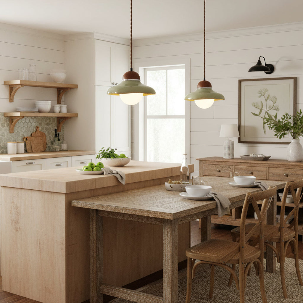 Two Clérachic green ceramic pendants glow in a farmhouse kitchen with open shelves and a butcher-block island.
