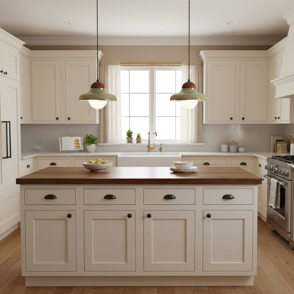 A matched pair of Clérachic green ceramic pendants hang in a cream kitchen, one either side of a window.