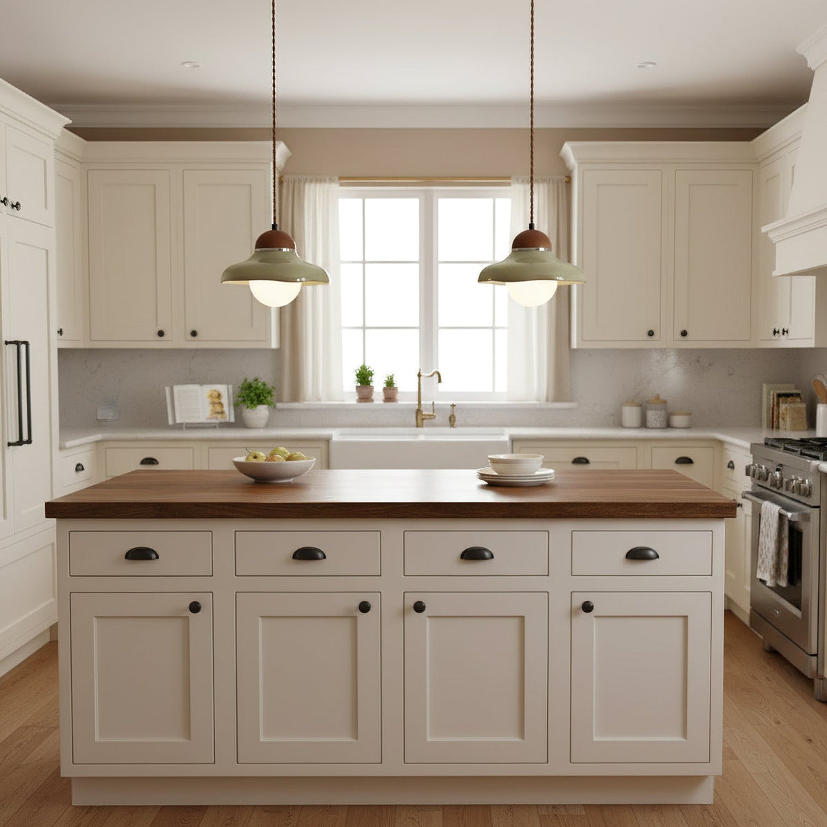 A matched pair of Clérachic green ceramic pendants hang in a cream kitchen, one either side of a window.