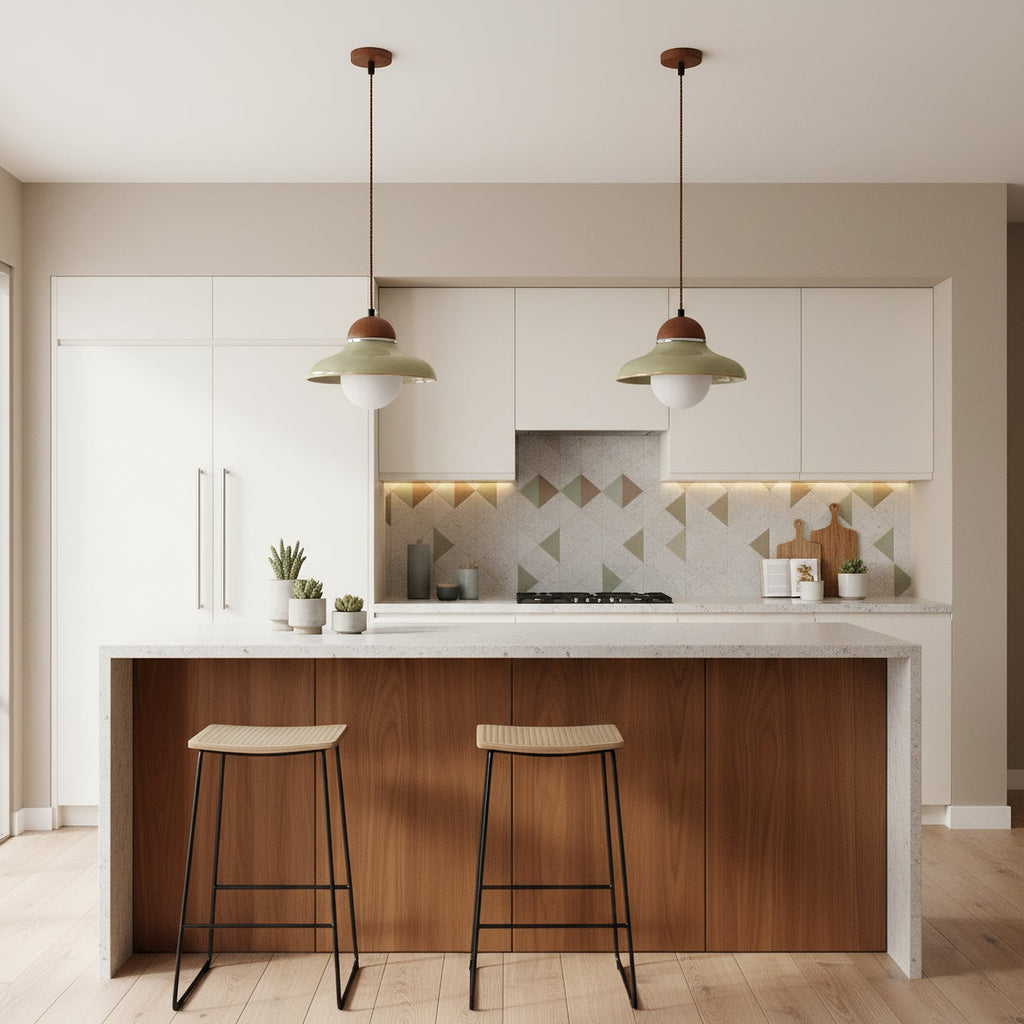 Two green Clérachic pendants with walnut caps hang above a kitchen island with a walnut-panelled front and slim stools.