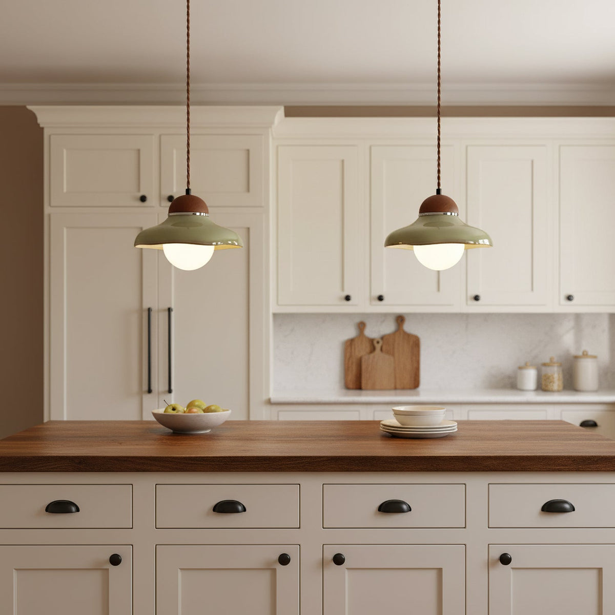 Close shot of two Clérachic green ceramic pendants lit above cream cabinets and a walnut counter with a fruit bowl.