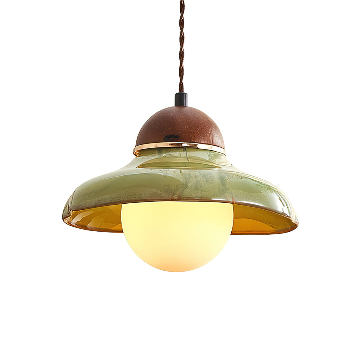 Clérachic green ceramic pendant with a glowing warm globe on a twisted brown cord, on a white background.
