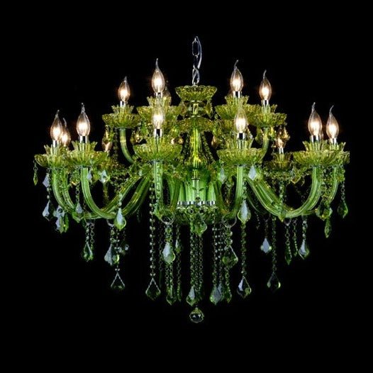 Clérachic two-tier green glass chandelier with candle arms on both levels and long crystal drops, lit against a black backdrop.