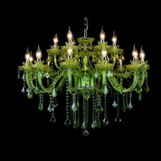 Clérachic large two-tier green glass chandelier with upper and lower candle arms and long crystal strands, lit on black.