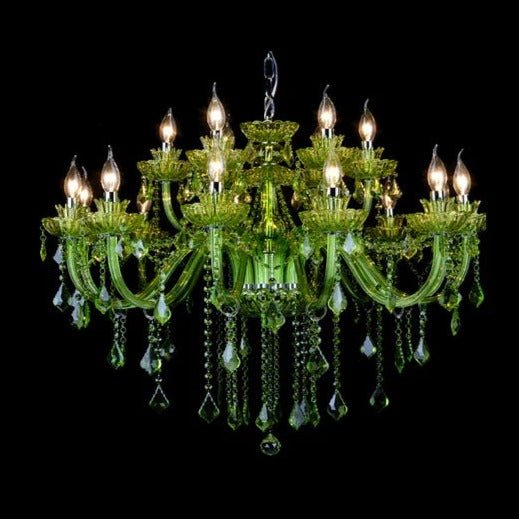 Clérachic two-tier green glass chandelier with candle bulbs on two levels and chrome chain, lit against a black backdrop.
