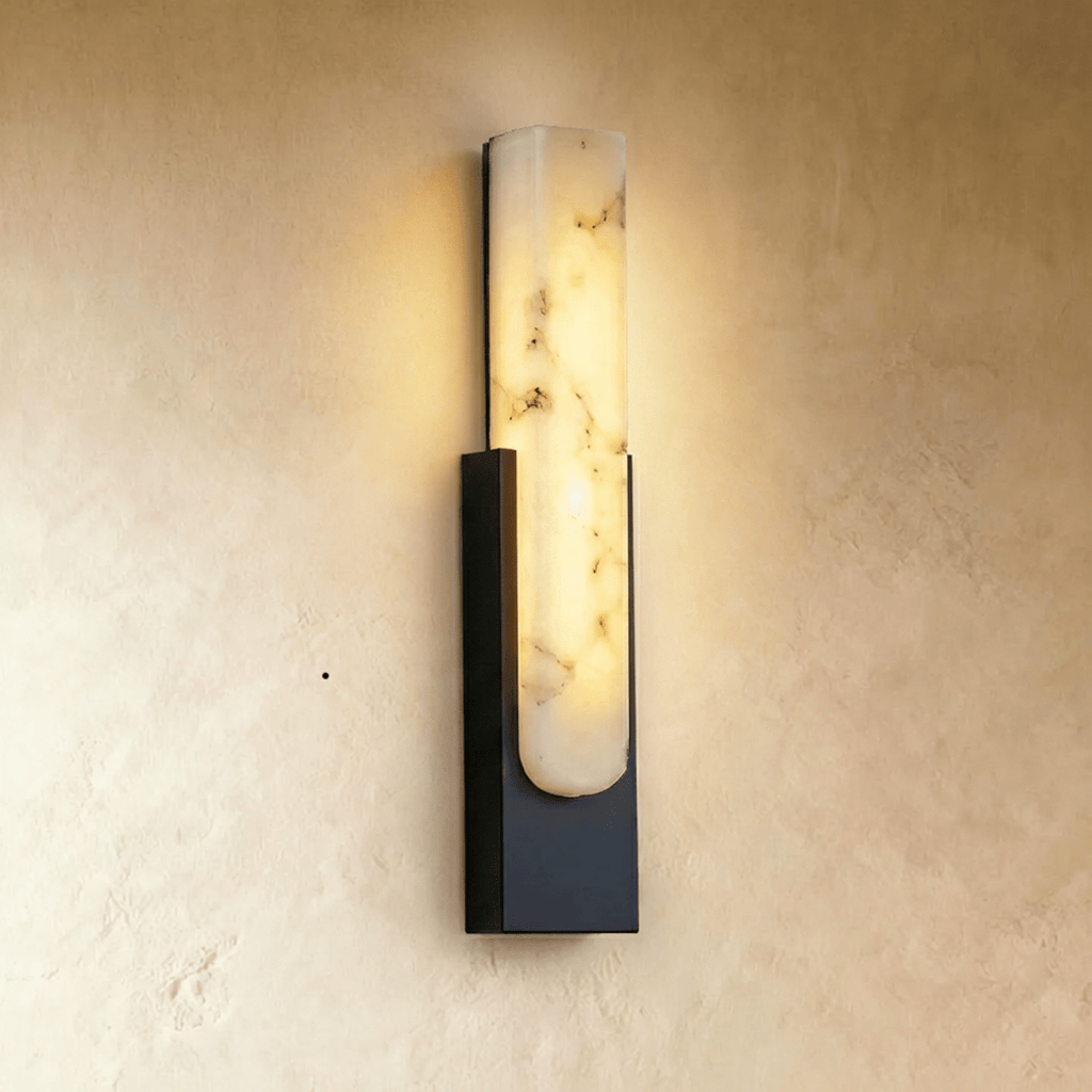 Clérachic black-framed alabaster wall sconce with a softly veined stone insert set into a slim iron frame.