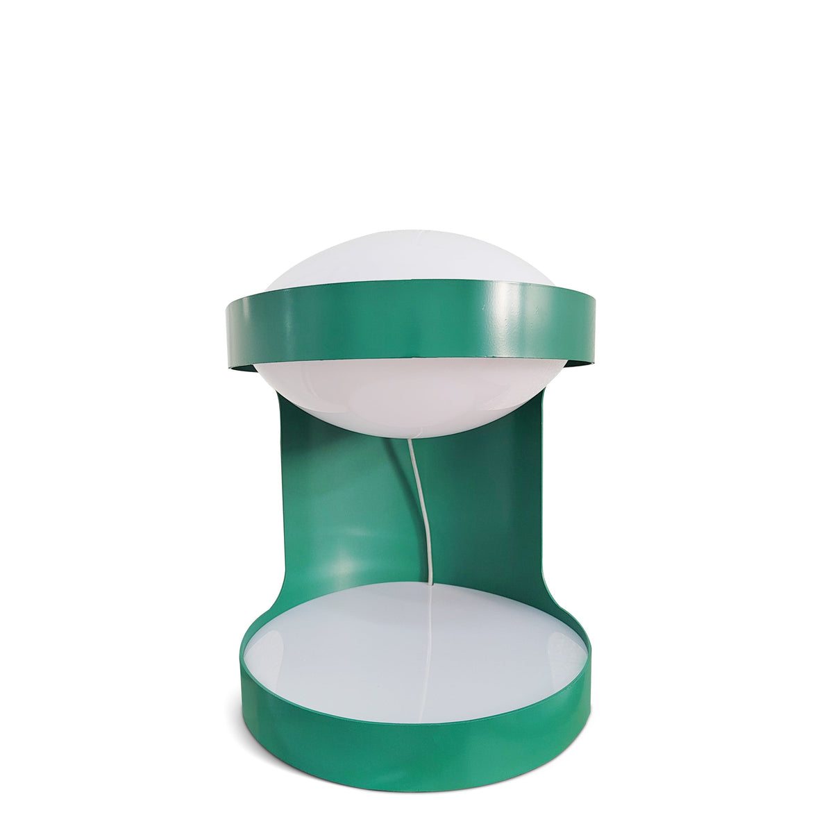 Cut-out view of this Clérachic table lamp on white, a green metal body with a pale dome and a thin white cord inside.