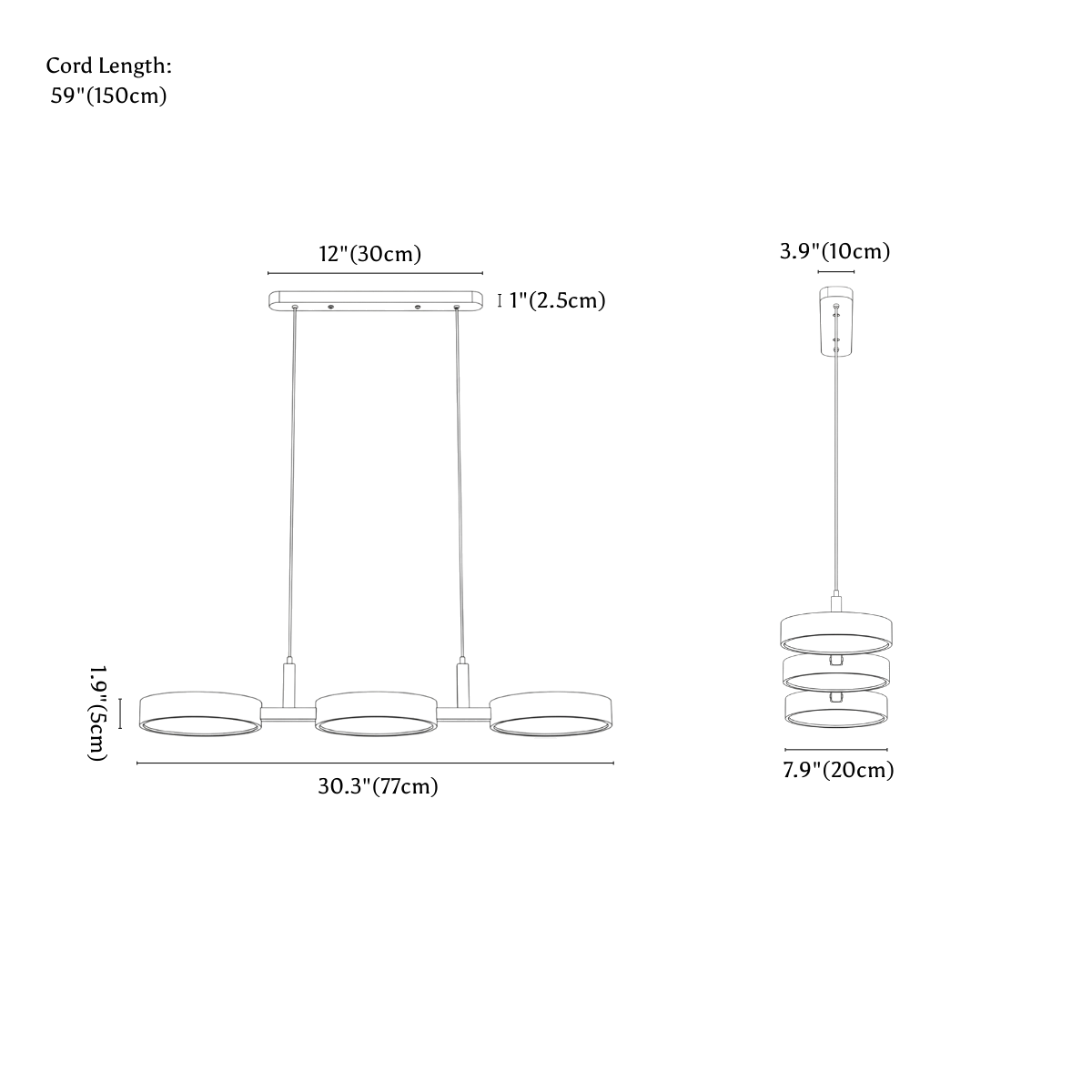 Clérachic pendant light dimension drawing, every measurement marked in centimetres and inches.