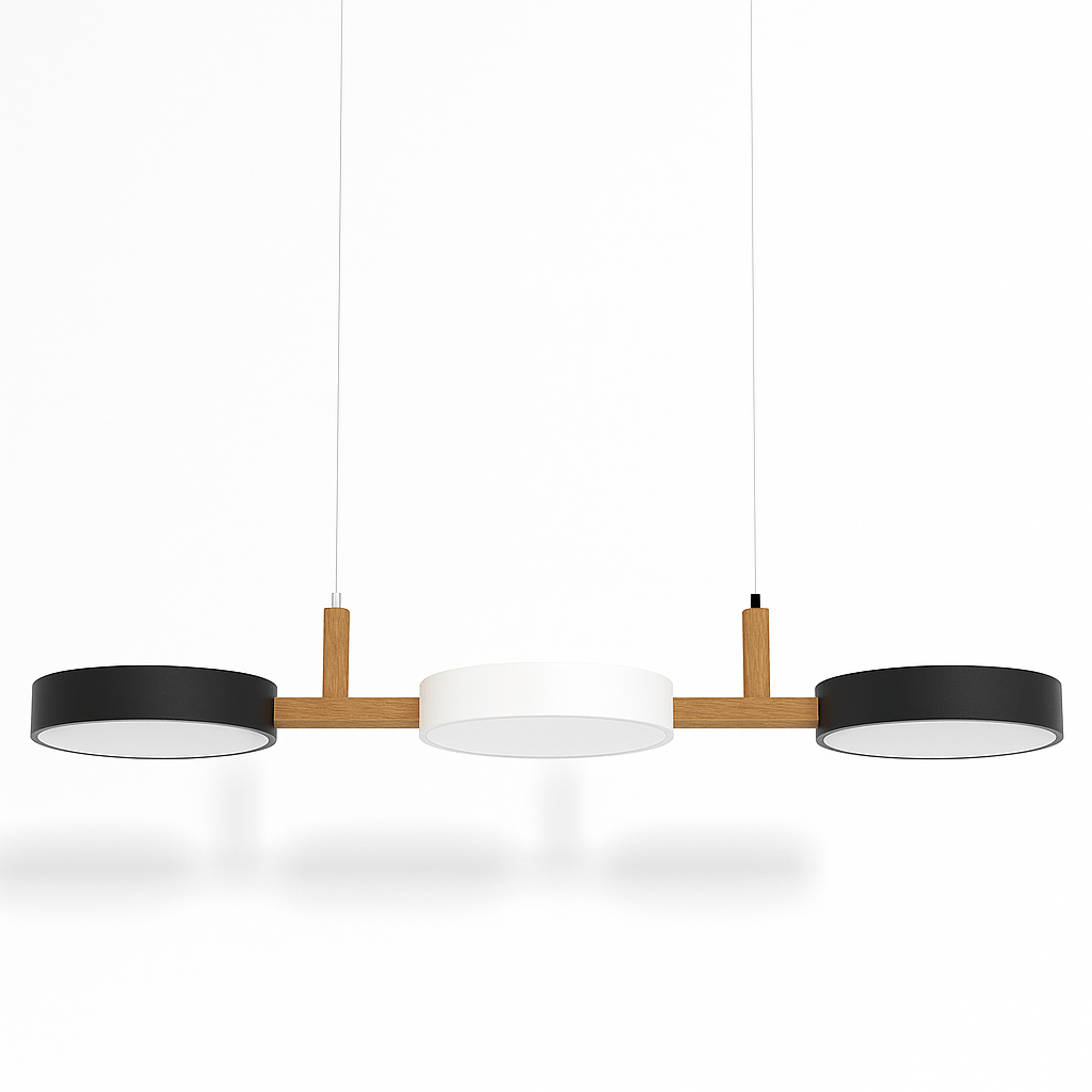 Clérachic's three-drum pendant hangs with dark outer shades and a white center on angled hanging cords.