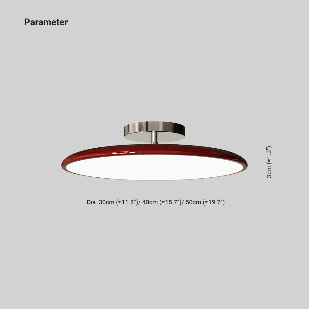 Dimension drawing for the Clérachic ceiling light disc: 3 cm / 1.2 in deep, offered in 30 cm / 11.8 in, 40 cm / 15.7 in and 50 cm / 19.7 in diameters.