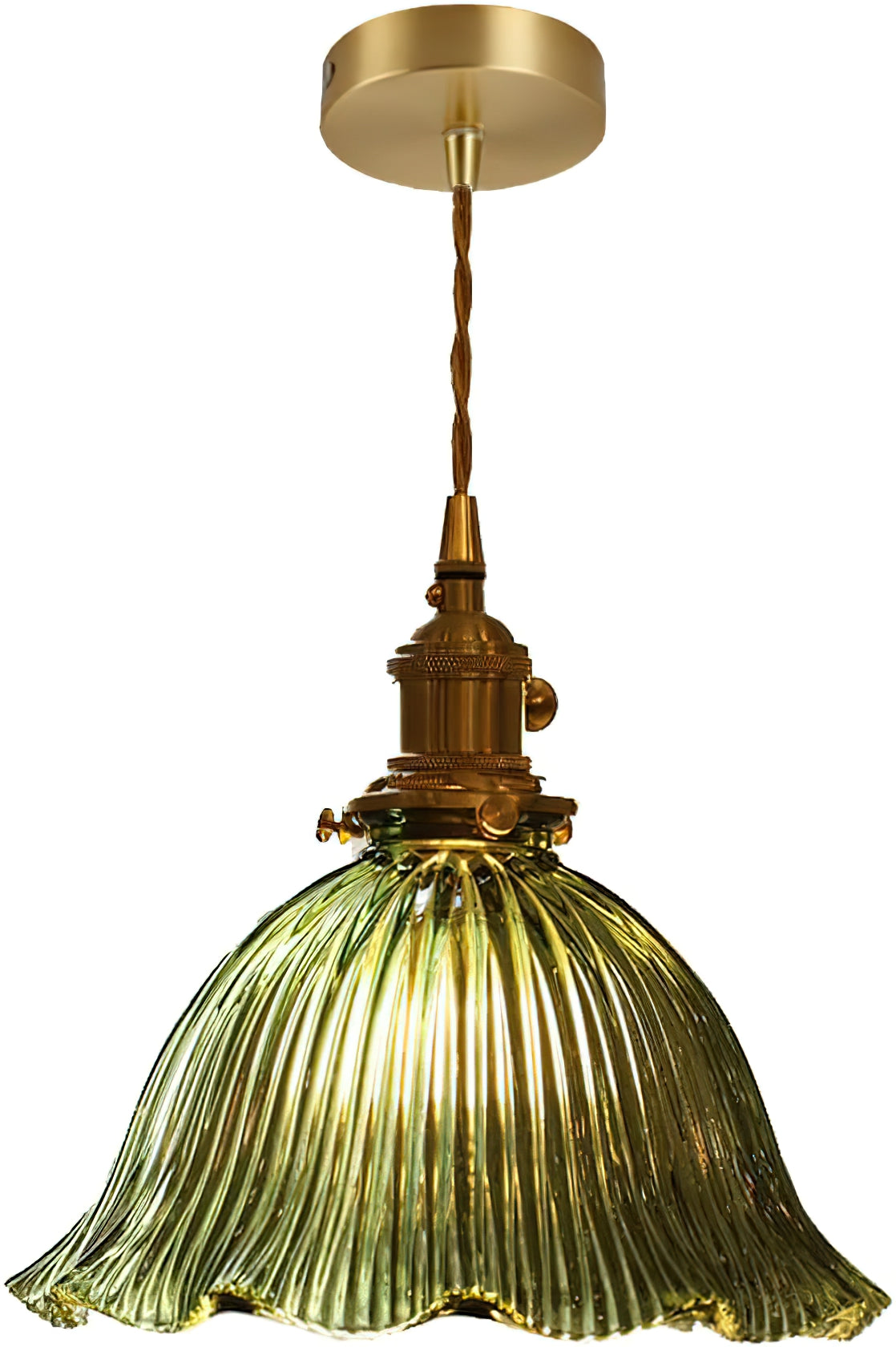 Clérachic green ribbed pendant with a round brass ceiling canopy, a twisted cord and a brass switch holder on white.