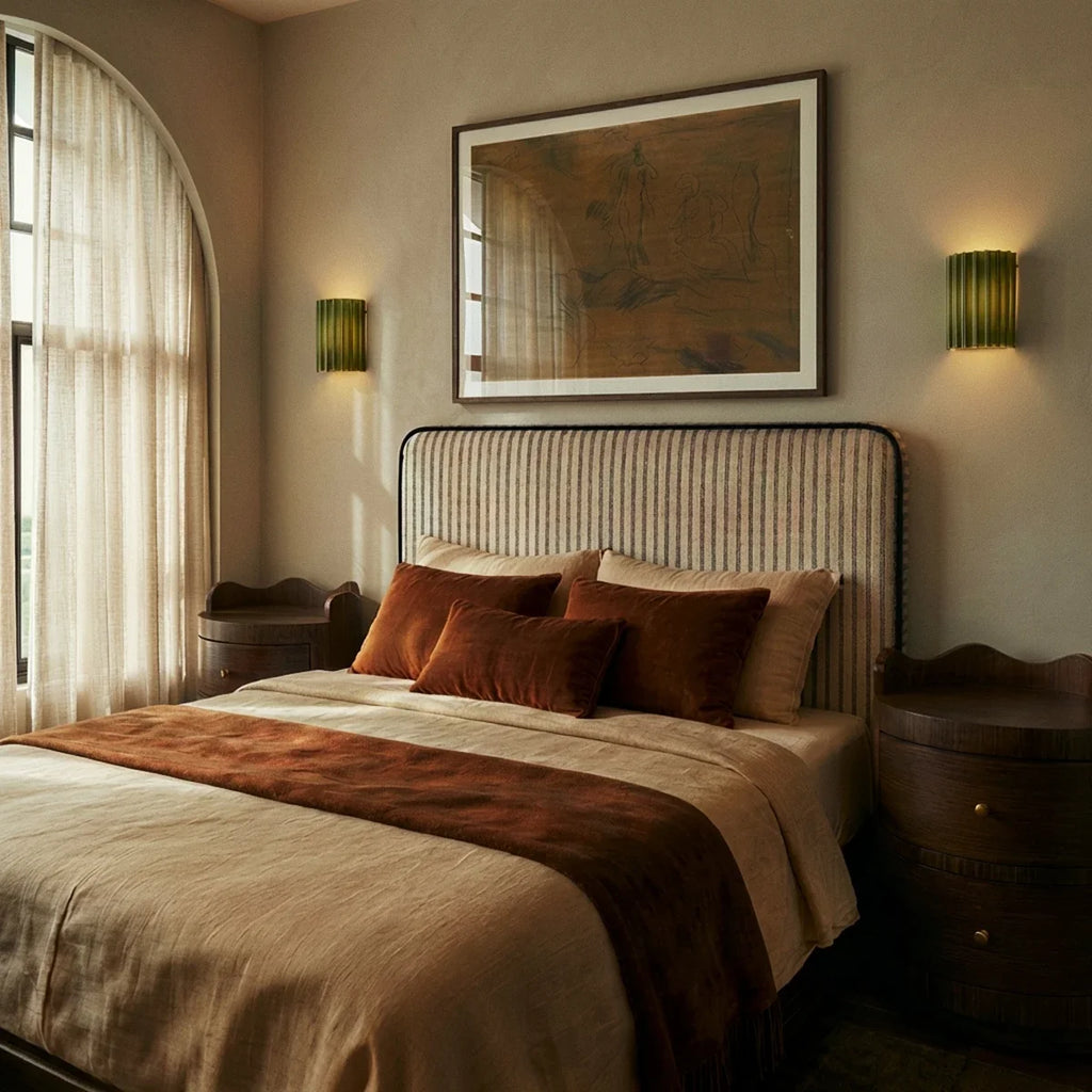 Two Clérachic wall lamps in olive green flank a framed print above a striped upholstered headboard.