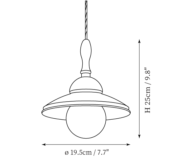 Dimension drawing of this Clérachic pendant, with its height of 25 cm and diameter of 19.5 cm marked.
