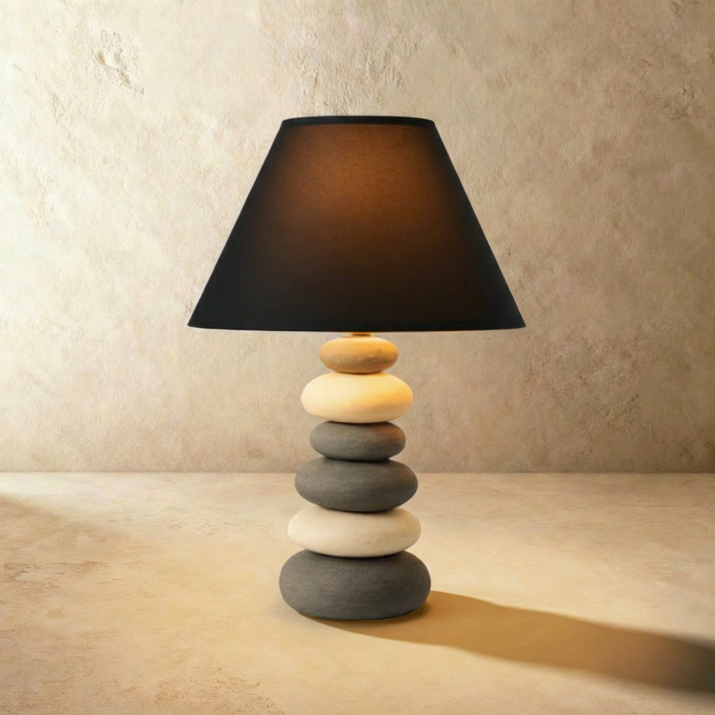 Clérachic grey ceramic table lamp with stacked pebble base and black fabric shade, glowing warm against a limewash wall.
