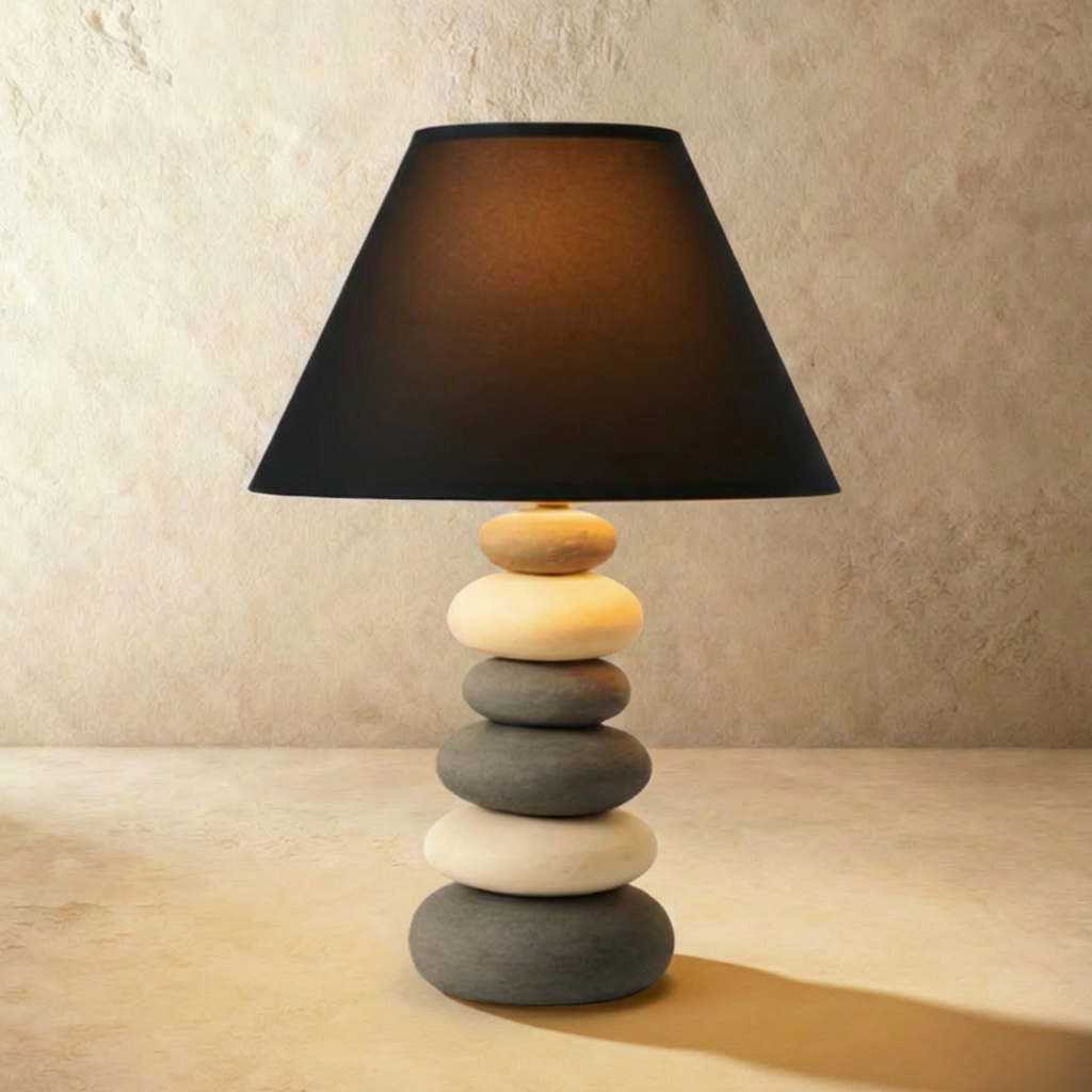Clérachic larger pebble-stack ceramic table lamp with a wide black fabric shade, lit warm on a pale stone-effect backdrop.