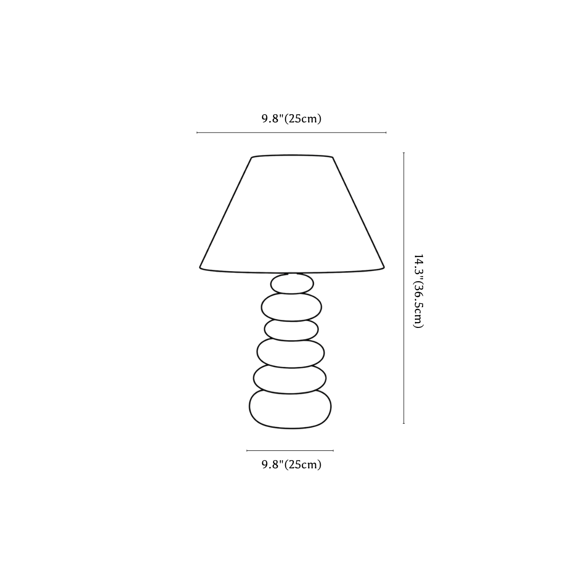 Clérachic table lamp dimension drawing, 1 of 2, every measurement marked in centimetres and inches.