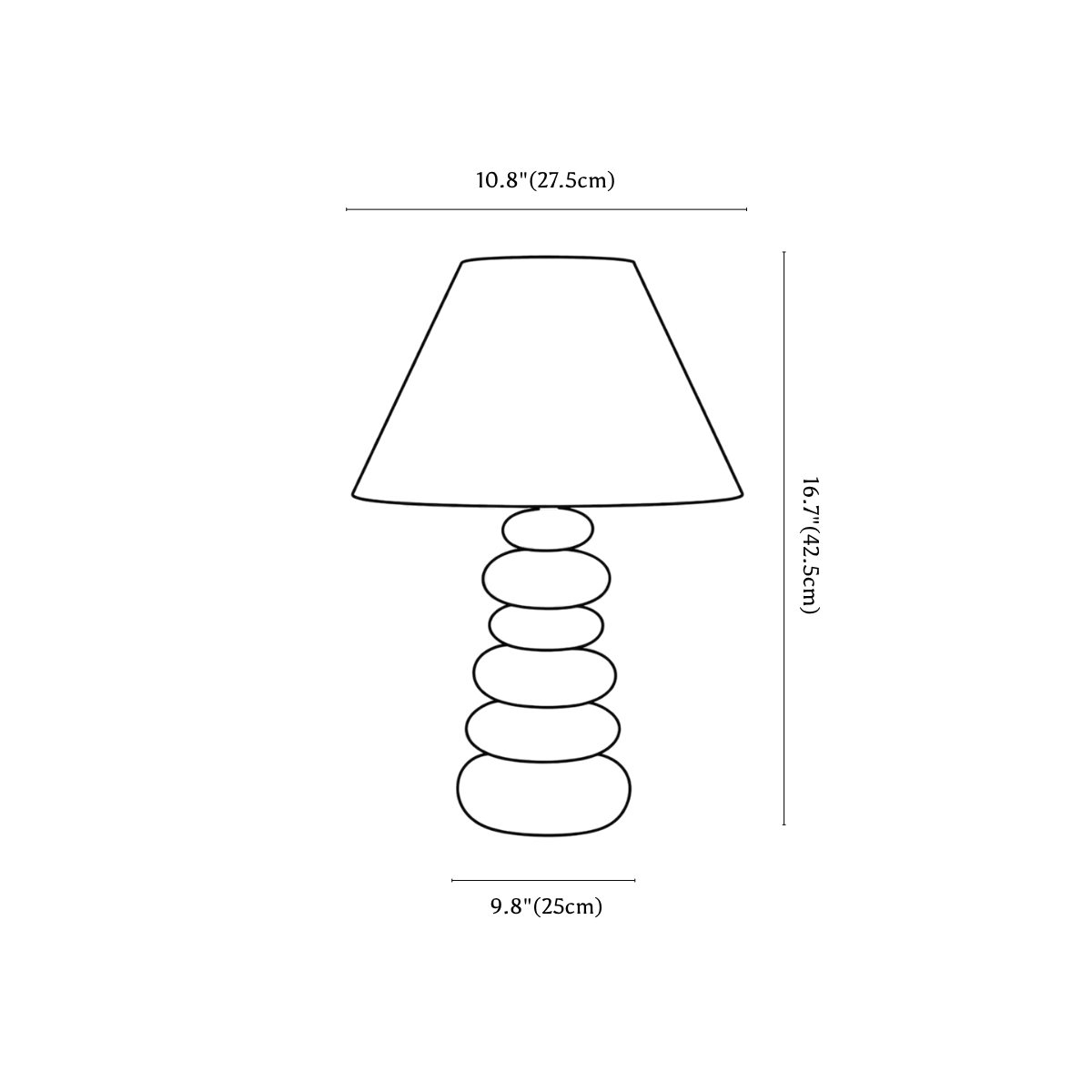 Clérachic table lamp dimension drawing, 2 of 2, every measurement marked in centimetres and inches.