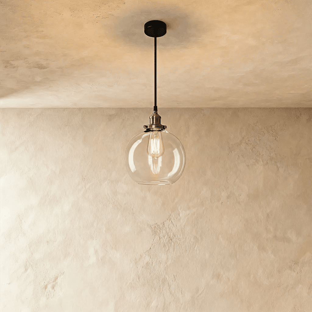 The Clérachic pendant's clear glass globe shade reveals its filament bulb against the ceiling backdrop.